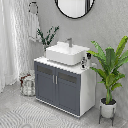 Under Sink Cabinet Bathroom Vanity Unit with 2 Tempered Glass Doors and Adjustable Shelf 69x35x59 cm White and Grey