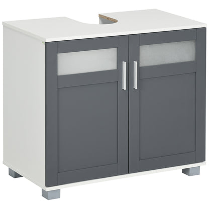 Under Sink Cabinet Bathroom Vanity Unit with 2 Tempered Glass Doors and Adjustable Shelf 69x35x59 cm White and Grey