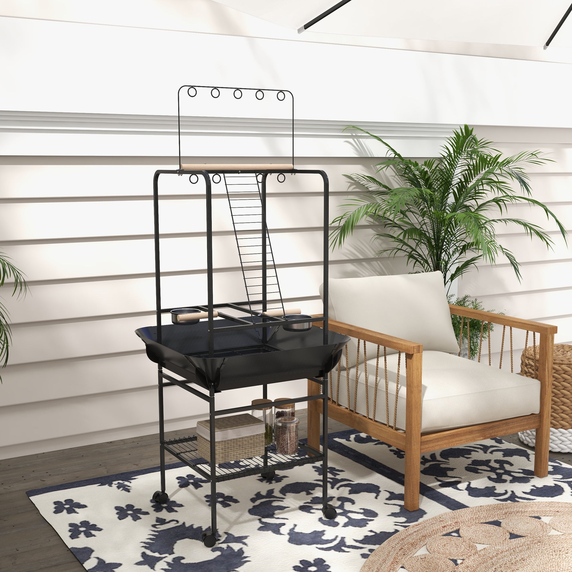Bird Playpen Perches on Wheels for Parrots with 3 Wooden Perches, 1 Ladder, 2 Stainless Steel Feeders, Sliding Recovery Tray, 62.5 x 62.5 x 155 cm, Dark Grey