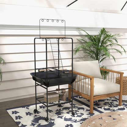 Bird Playpen Perches on Wheels for Parrots with 3 Wooden Perches, 1 Ladder, 2 Stainless Steel Feeders, Sliding Recovery Tray, 62.5 x 62.5 x 155 cm, Dark Grey