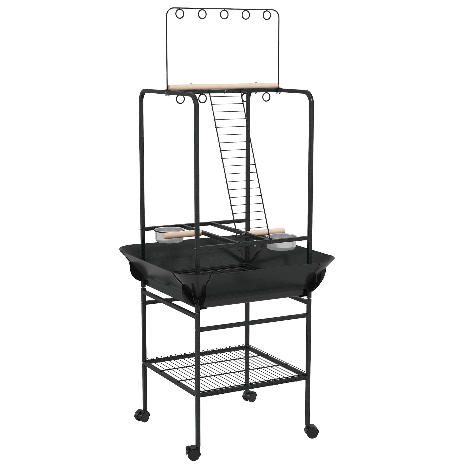 Bird Playpen Perches on Wheels for Parrots with 3 Wooden Perches, 1 Ladder, 2 Stainless Steel Feeders, Sliding Recovery Tray, 62.5 x 62.5 x 155 cm, Dark Grey