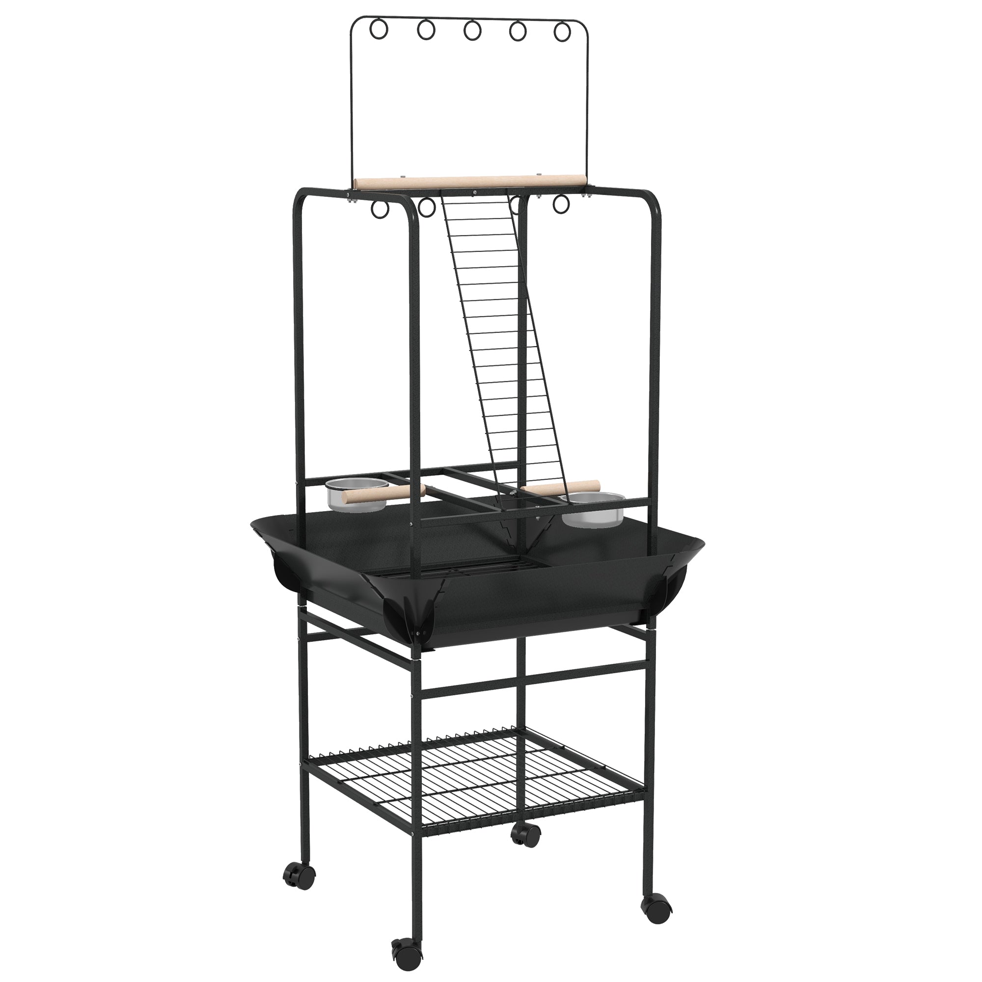 Bird Playpen Perches on Wheels for Parrots with 3 Wooden Perches, 1 Ladder, 2 Stainless Steel Feeders, Sliding Recovery Tray, 62.5 x 62.5 x 155 cm, Dark Grey