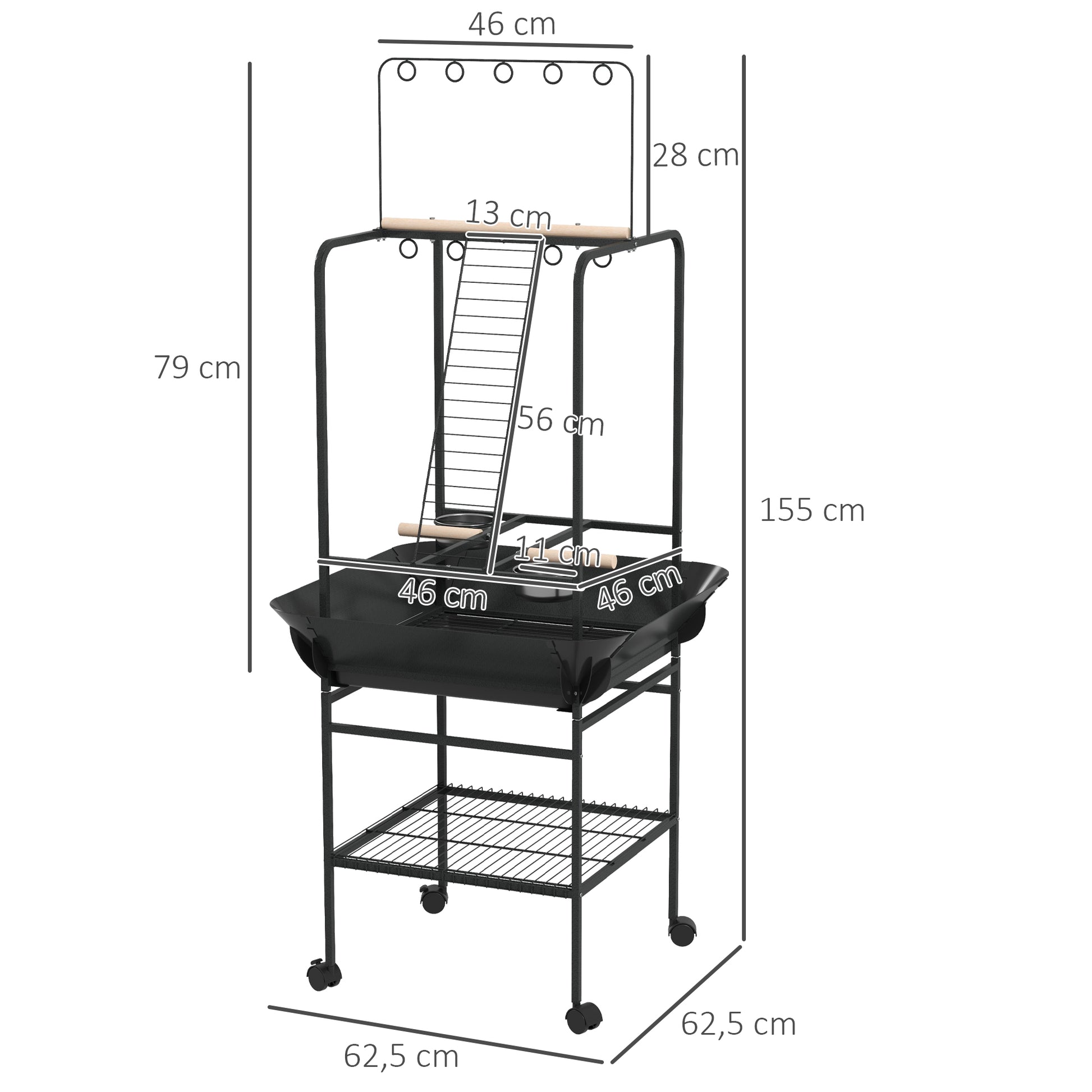 Bird Playpen Perches on Wheels for Parrots with 3 Wooden Perches, 1 Ladder, 2 Stainless Steel Feeders, Sliding Recovery Tray, 62.5 x 62.5 x 155 cm, Dark Grey