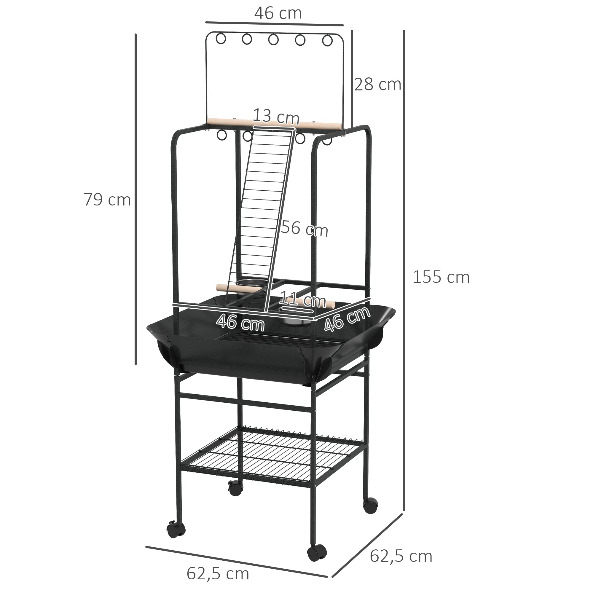 Bird Playpen Perches on Wheels for Parrots with 3 Wooden Perches, 1 Ladder, 2 Stainless Steel Feeders, Sliding Recovery Tray, 62.5 x 62.5 x 155 cm, Dark Grey