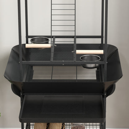 Bird Playpen Perches on Wheels for Parrots with 3 Wooden Perches, 1 Ladder, 2 Stainless Steel Feeders, Sliding Recovery Tray, 62.5 x 62.5 x 155 cm, Dark Grey