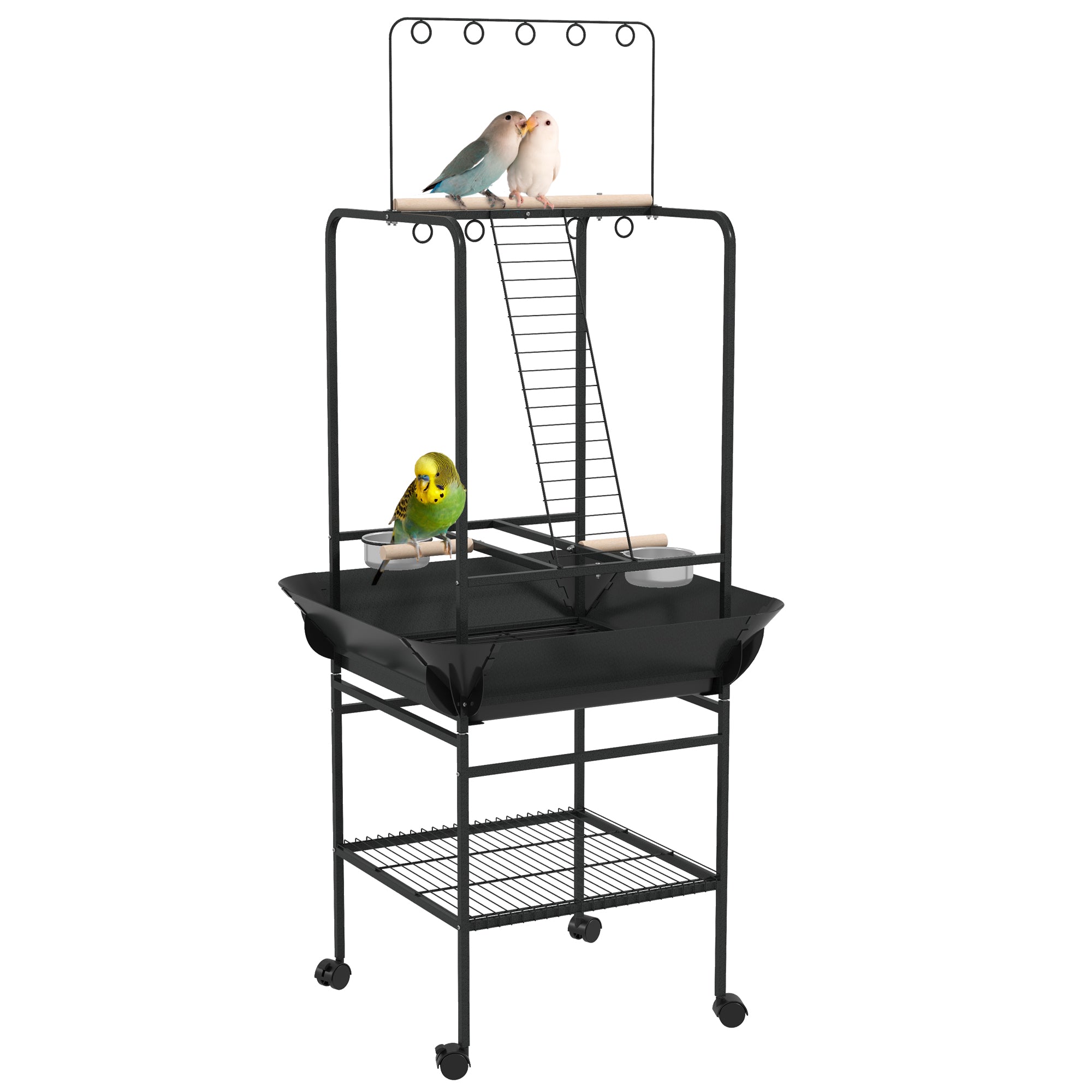 Bird Playpen Perches on Wheels for Parrots with 3 Wooden Perches, 1 Ladder, 2 Stainless Steel Feeders, Sliding Recovery Tray, 62.5 x 62.5 x 155 cm, Dark Grey