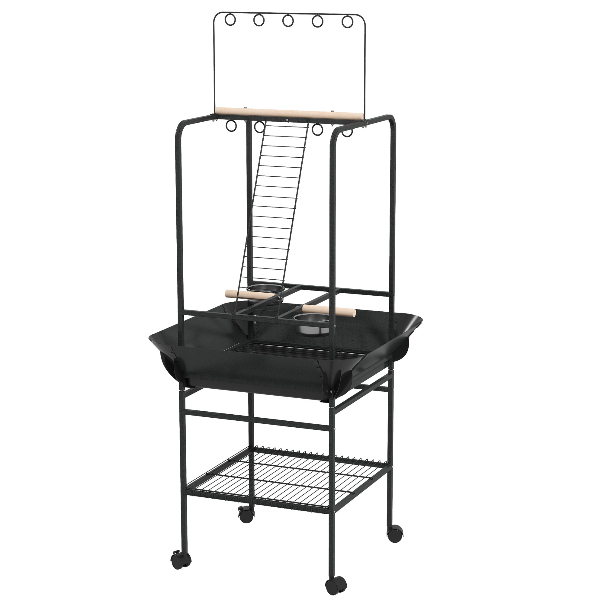 Bird Playpen Perches on Wheels for Parrots with 3 Wooden Perches, 1 Ladder, 2 Stainless Steel Feeders, Sliding Recovery Tray, 62.5 x 62.5 x 155 cm, Dark Grey