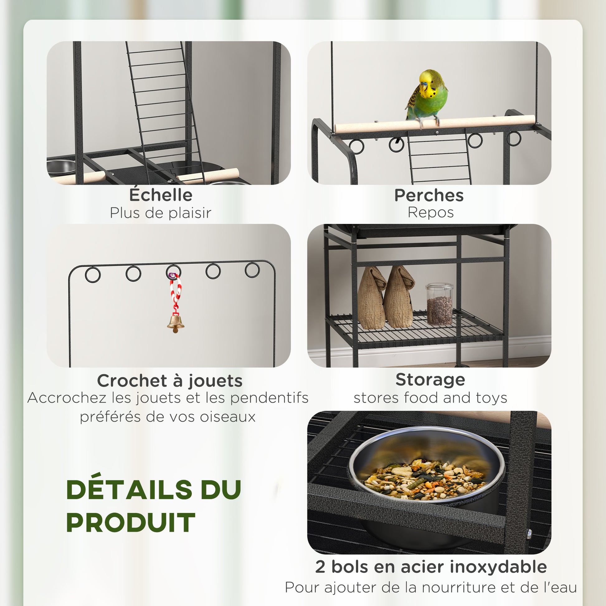 Bird Playpen Perches on Wheels for Parrots with 3 Wooden Perches, 1 Ladder, 2 Stainless Steel Feeders, Sliding Recovery Tray, 62.5 x 62.5 x 155 cm, Dark Grey