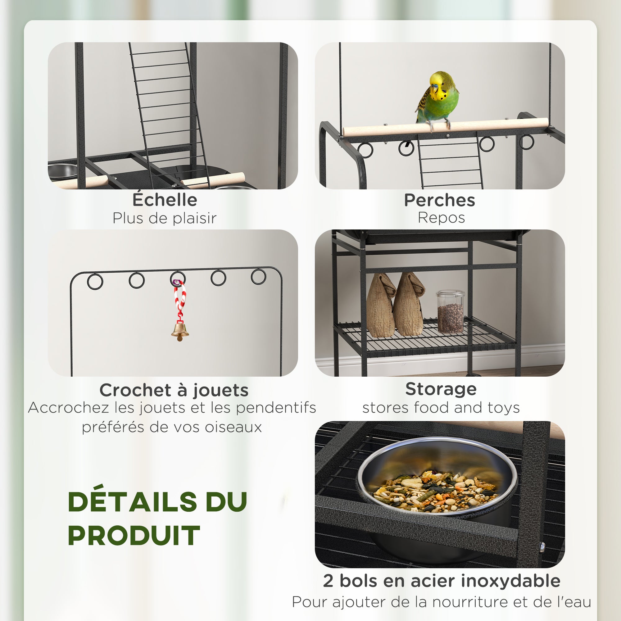Bird Playpen Perches on Wheels for Parrots with 3 Wooden Perches, 1 Ladder, 2 Stainless Steel Feeders, Sliding Recovery Tray, 62.5 x 62.5 x 155 cm, Dark Grey