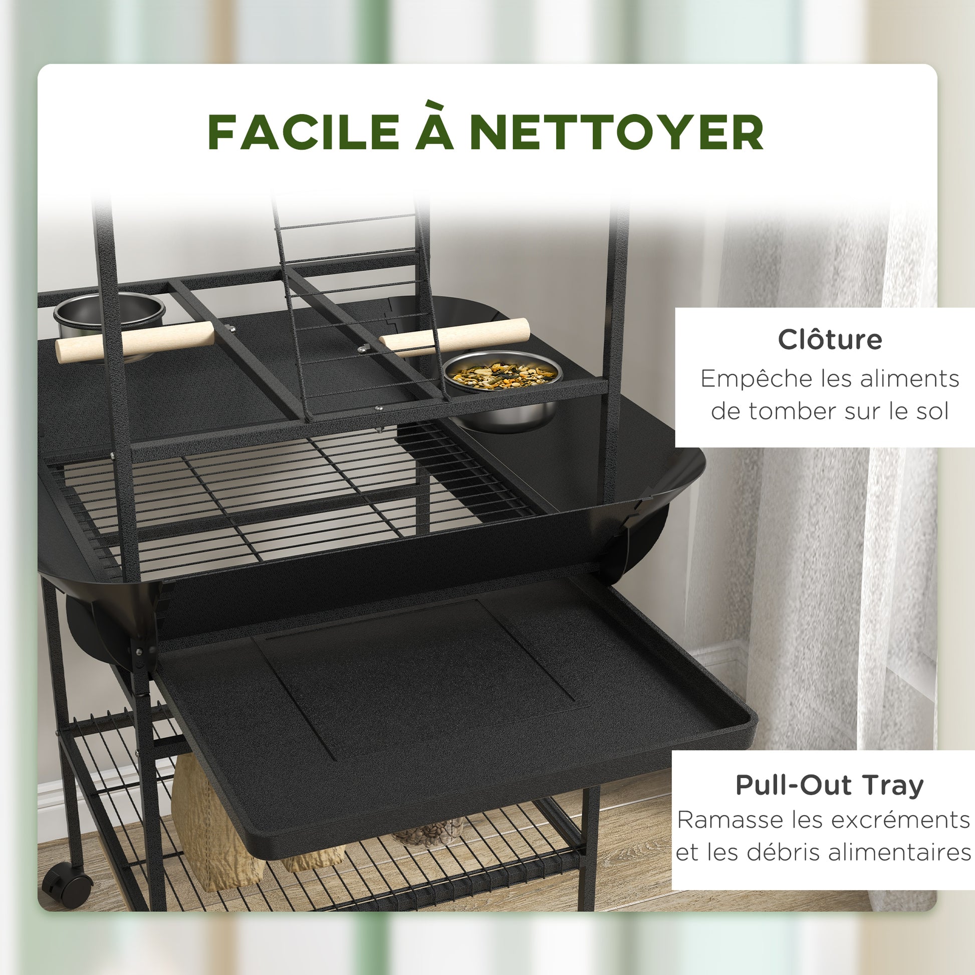 Bird Playpen Perches on Wheels for Parrots with 3 Wooden Perches, 1 Ladder, 2 Stainless Steel Feeders, Sliding Recovery Tray, 62.5 x 62.5 x 155 cm, Dark Grey