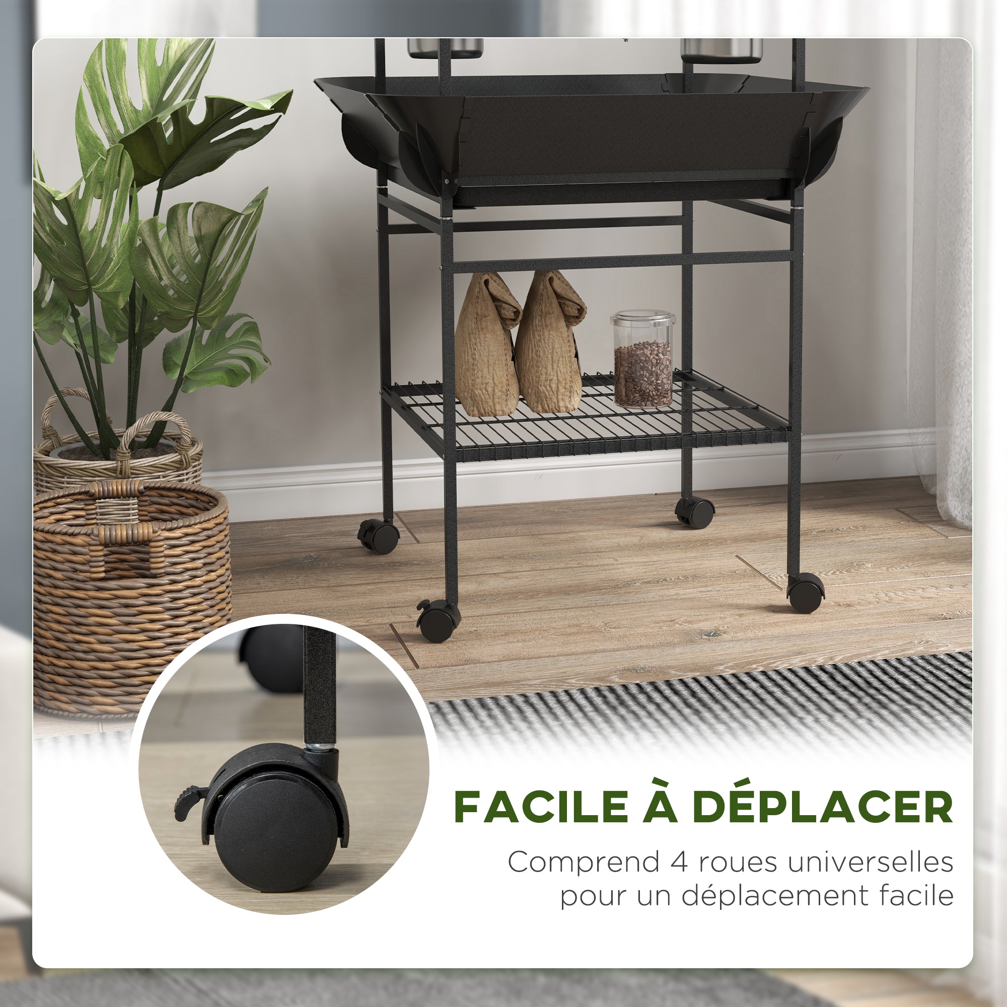 Bird Playpen Perches on Wheels for Parrots with 3 Wooden Perches, 1 Ladder, 2 Stainless Steel Feeders, Sliding Recovery Tray, 62.5 x 62.5 x 155 cm, Dark Grey