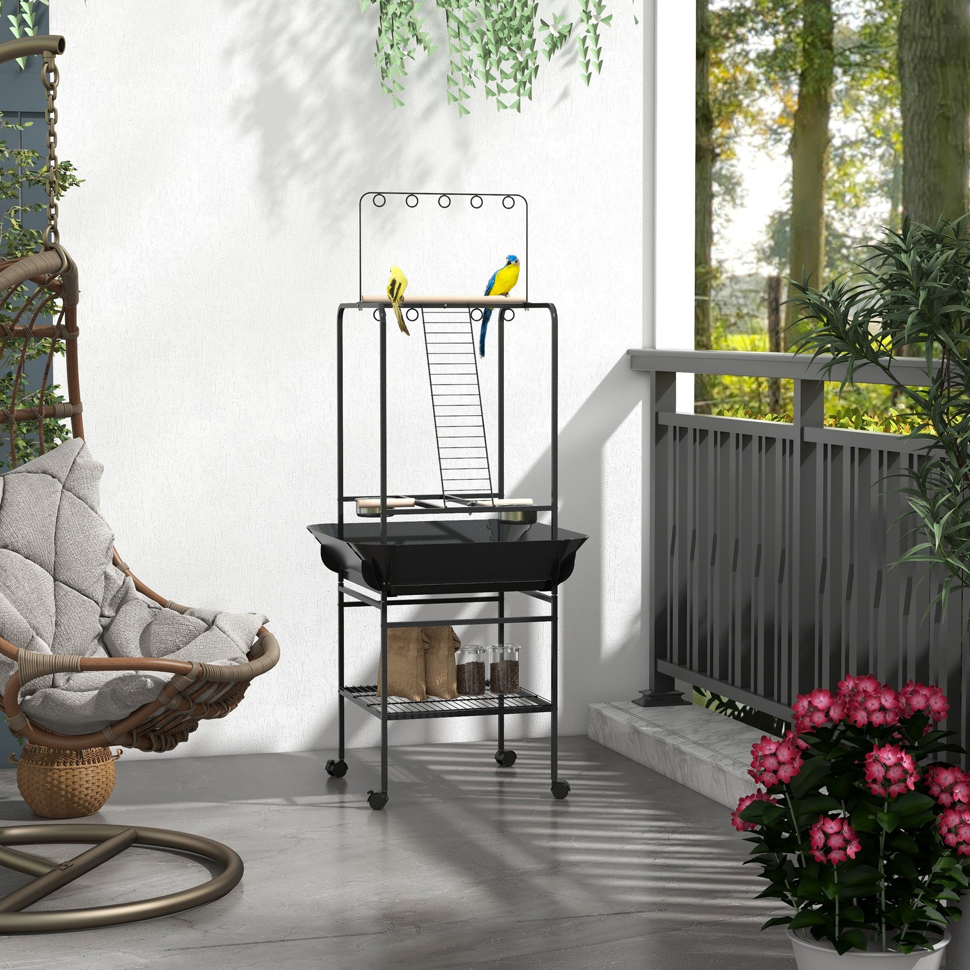 Bird Playpen Perches on Wheels for Parrots with 3 Wooden Perches, 1 Ladder, 2 Stainless Steel Feeders, Sliding Recovery Tray, 62.5 x 62.5 x 155 cm, Dark Grey