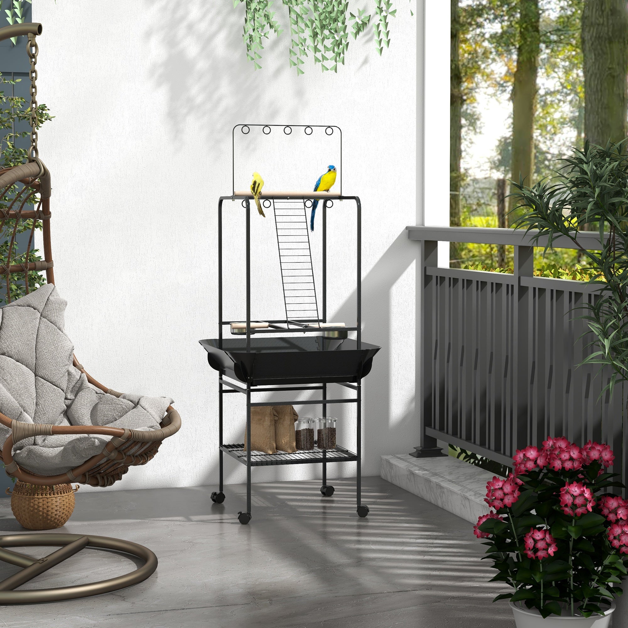 Bird Playpen Perches on Wheels for Parrots with 3 Wooden Perches, 1 Ladder, 2 Stainless Steel Feeders, Sliding Recovery Tray, 62.5 x 62.5 x 155 cm, Dark Grey
