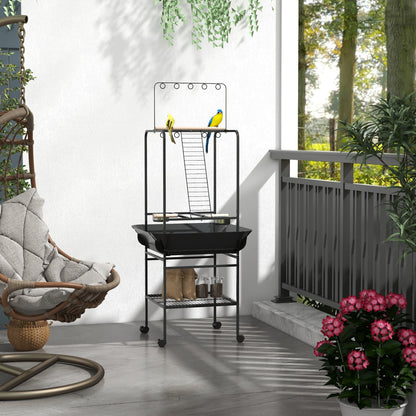 Bird Playpen Perches on Wheels for Parrots with 3 Wooden Perches, 1 Ladder, 2 Stainless Steel Feeders, Sliding Recovery Tray, 62.5 x 62.5 x 155 cm, Dark Grey