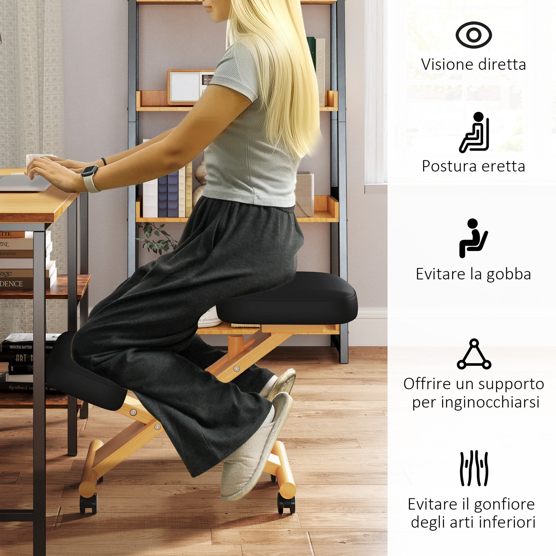 Ergonomic Adjustable Height Kneeling Chair, Postural Ergonomic Office and Home Chair, Ergonomic Wooden Kneeling Stool with Wheels, Black