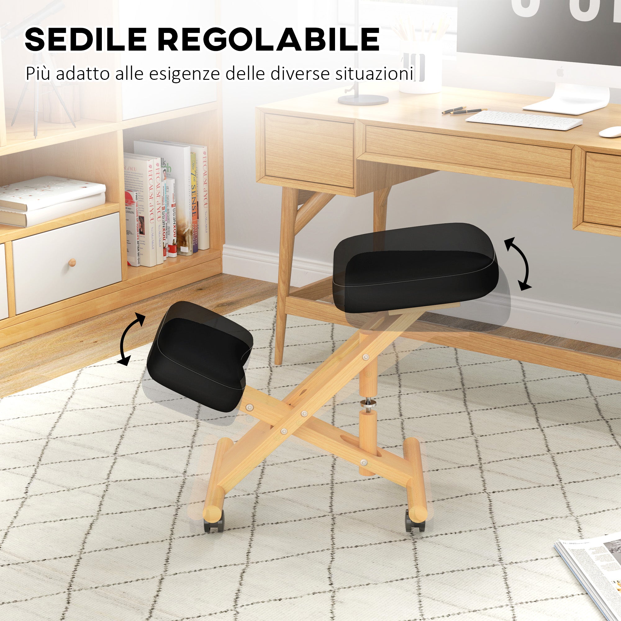 Ergonomic Adjustable Height Kneeling Chair, Postural Ergonomic Office and Home Chair, Ergonomic Wooden Kneeling Stool with Wheels, Black