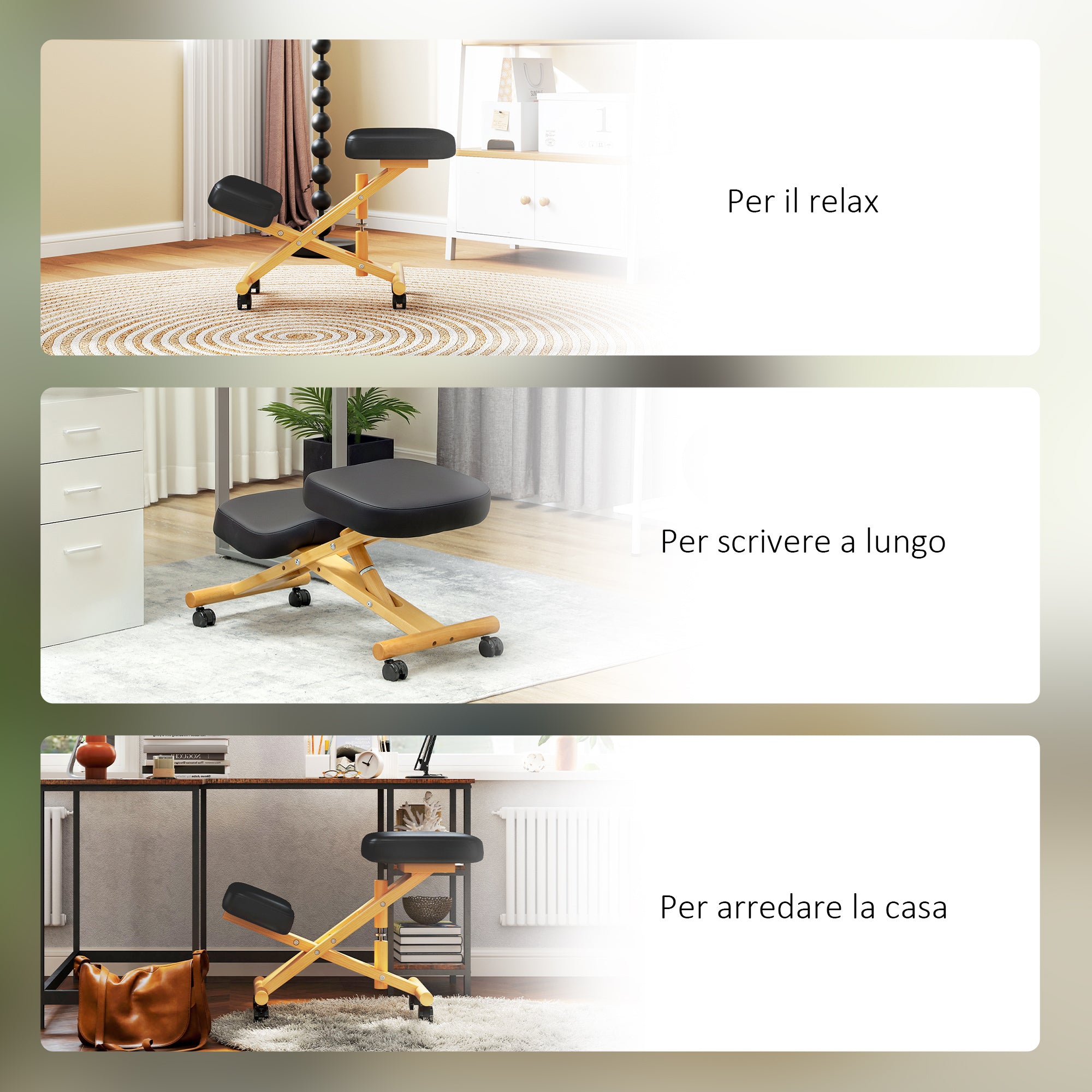 Ergonomic Adjustable Height Kneeling Chair, Postural Ergonomic Office and Home Chair, Ergonomic Wooden Kneeling Stool with Wheels, Black