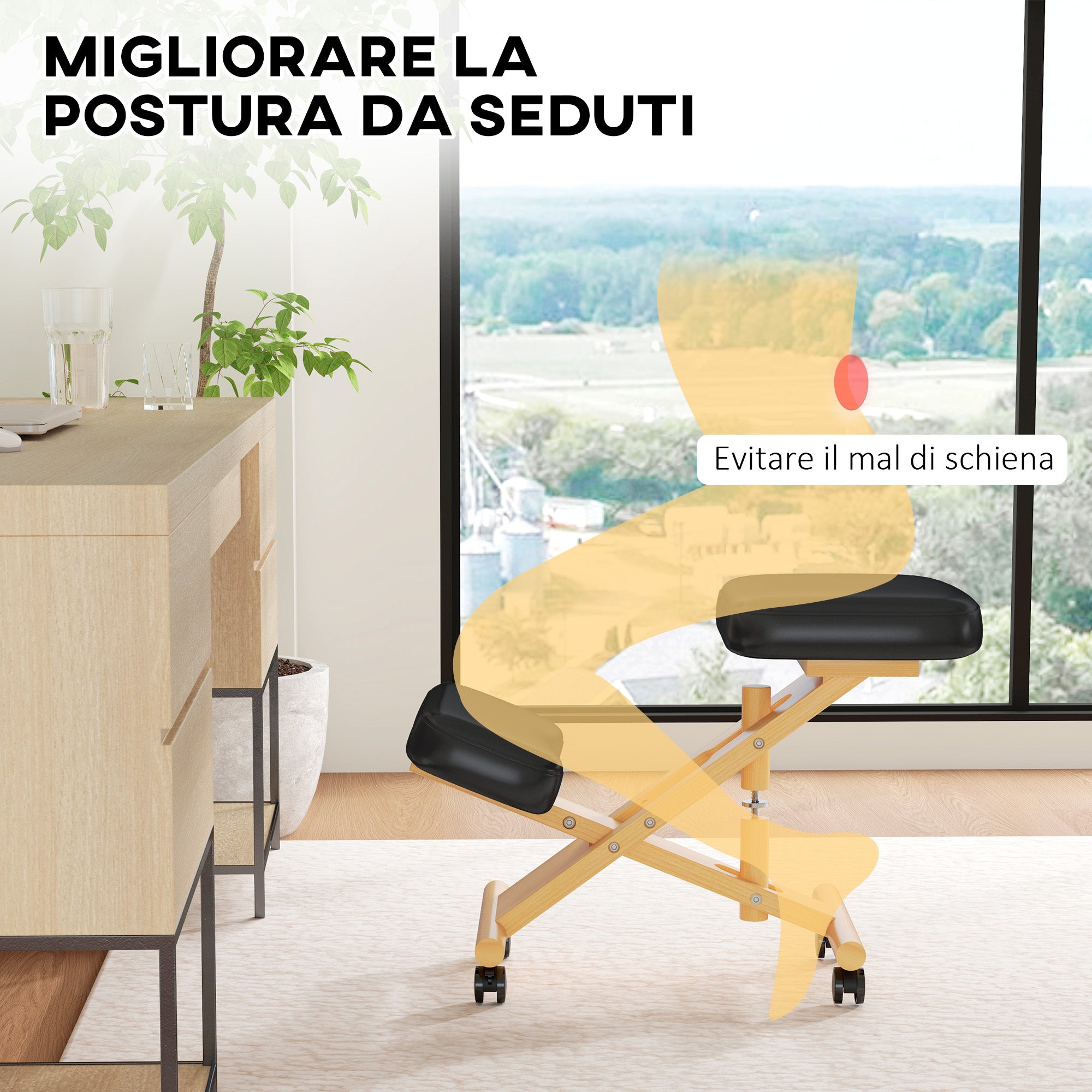 Ergonomic Adjustable Height Kneeling Chair, Postural Ergonomic Office and Home Chair, Ergonomic Wooden Kneeling Stool with Wheels, Black