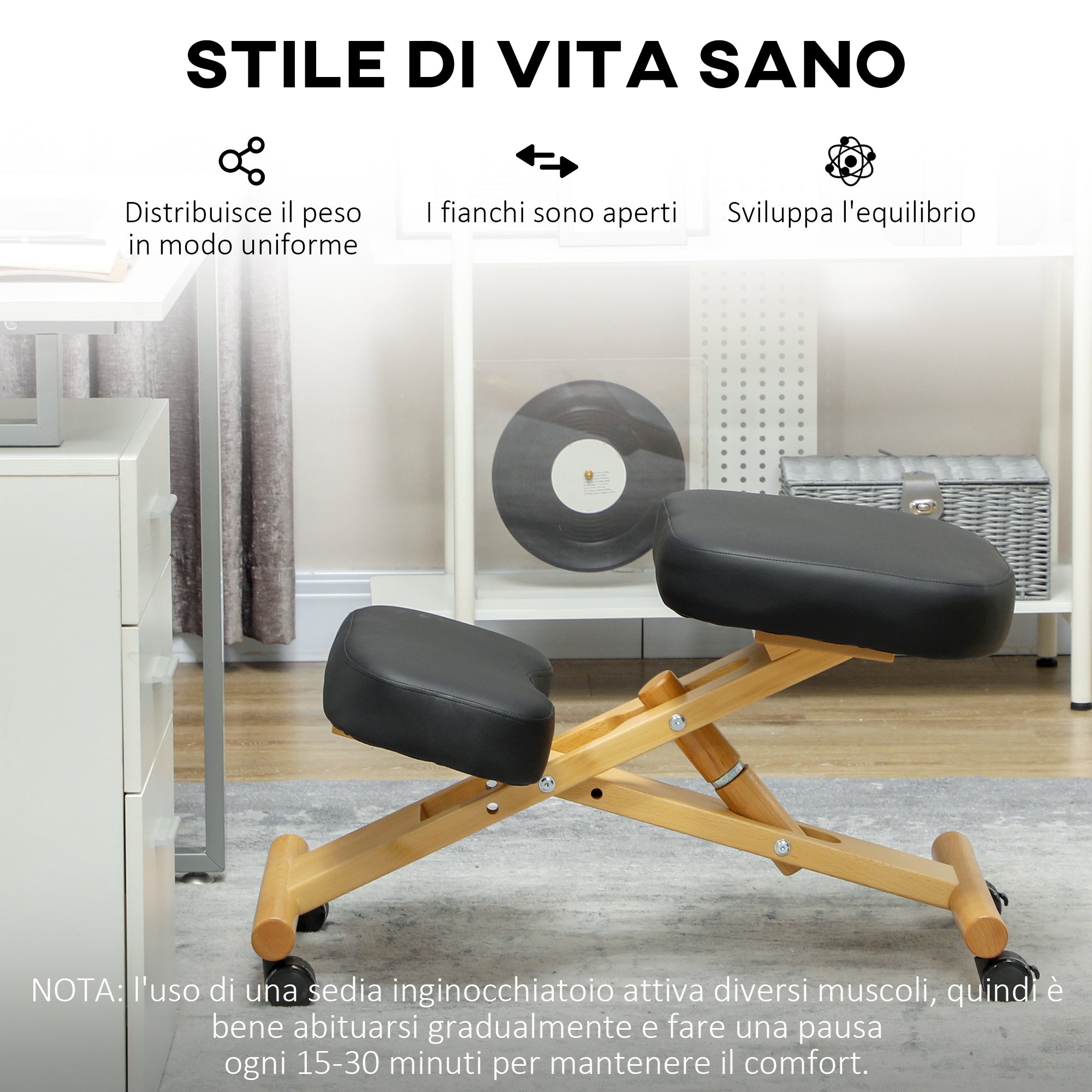 Ergonomic Adjustable Height Kneeling Chair, Postural Ergonomic Office and Home Chair, Ergonomic Wooden Kneeling Stool with Wheels, Black