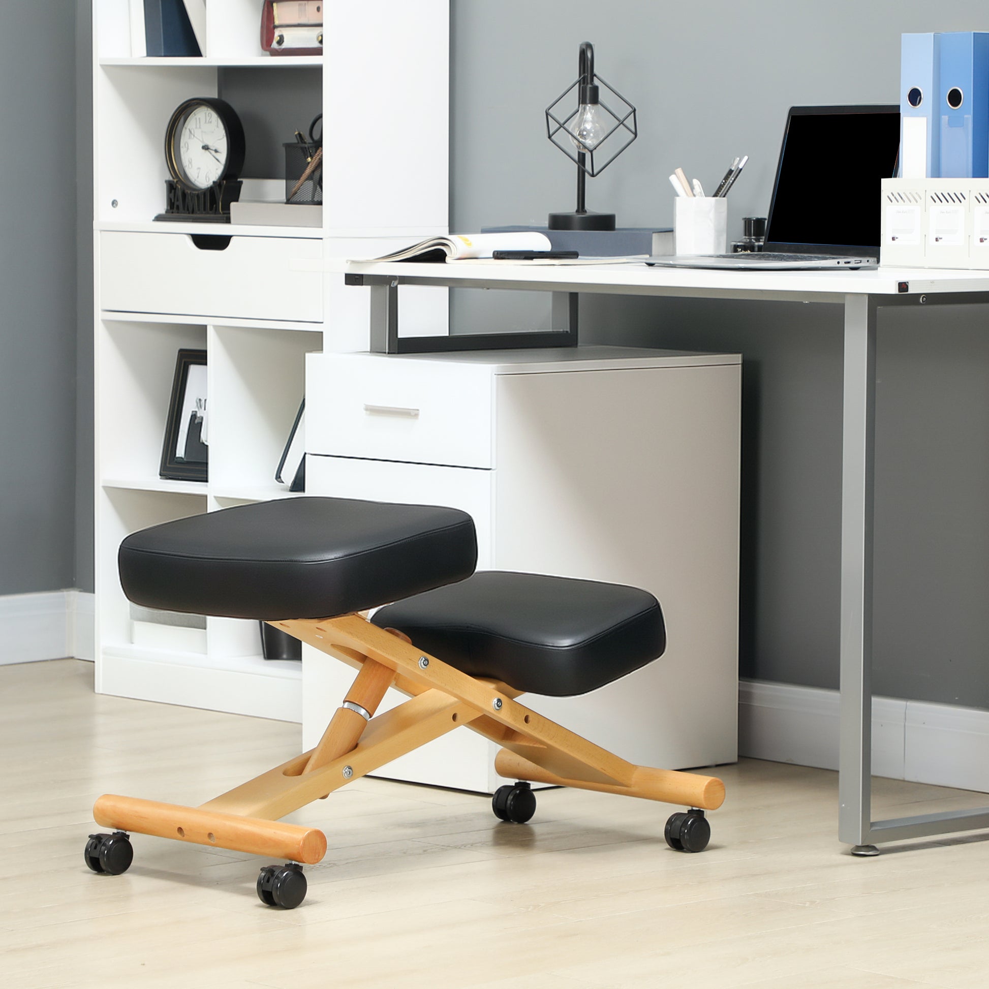Ergonomic Adjustable Height Kneeling Chair, Postural Ergonomic Office and Home Chair, Ergonomic Wooden Kneeling Stool with Wheels, Black