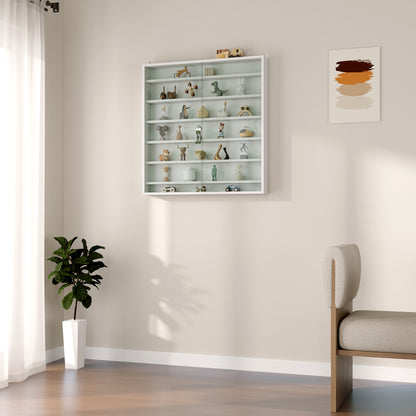 Wall Display Cabinet for Collectibles, 31.5 x 3.7 x 32.7 in, 6 Adjustable Shelves, 2 Glass Sliding Doors, White — For Figurines & Model Cars