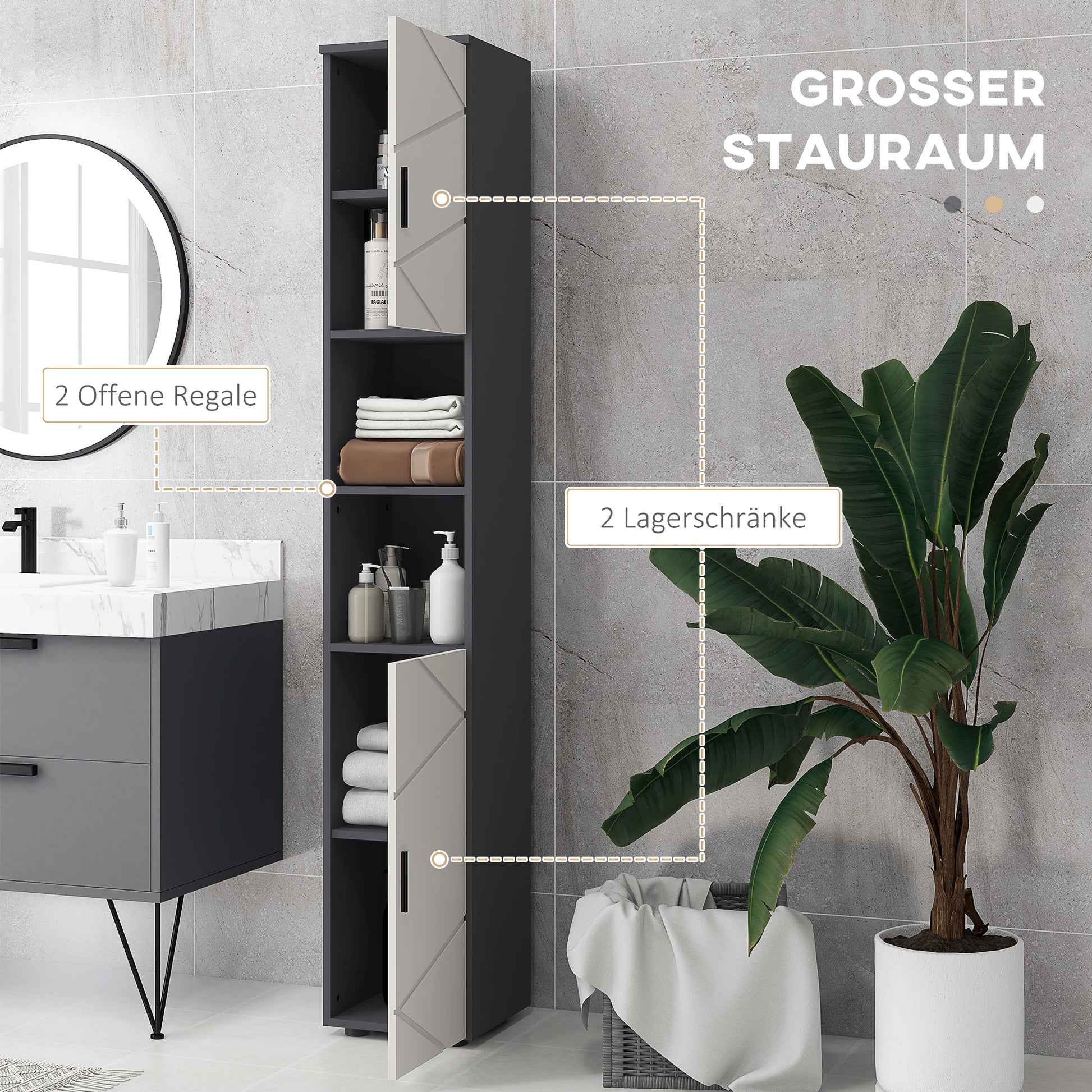 Narrow Bathroom Cabinet, Tall Toilet Cabinet with Adjustable Shelf and 2 Open Compartments, Bathroom Cabinet for Small Spaces, Living Room 30 x 30 x 183 cm Gray