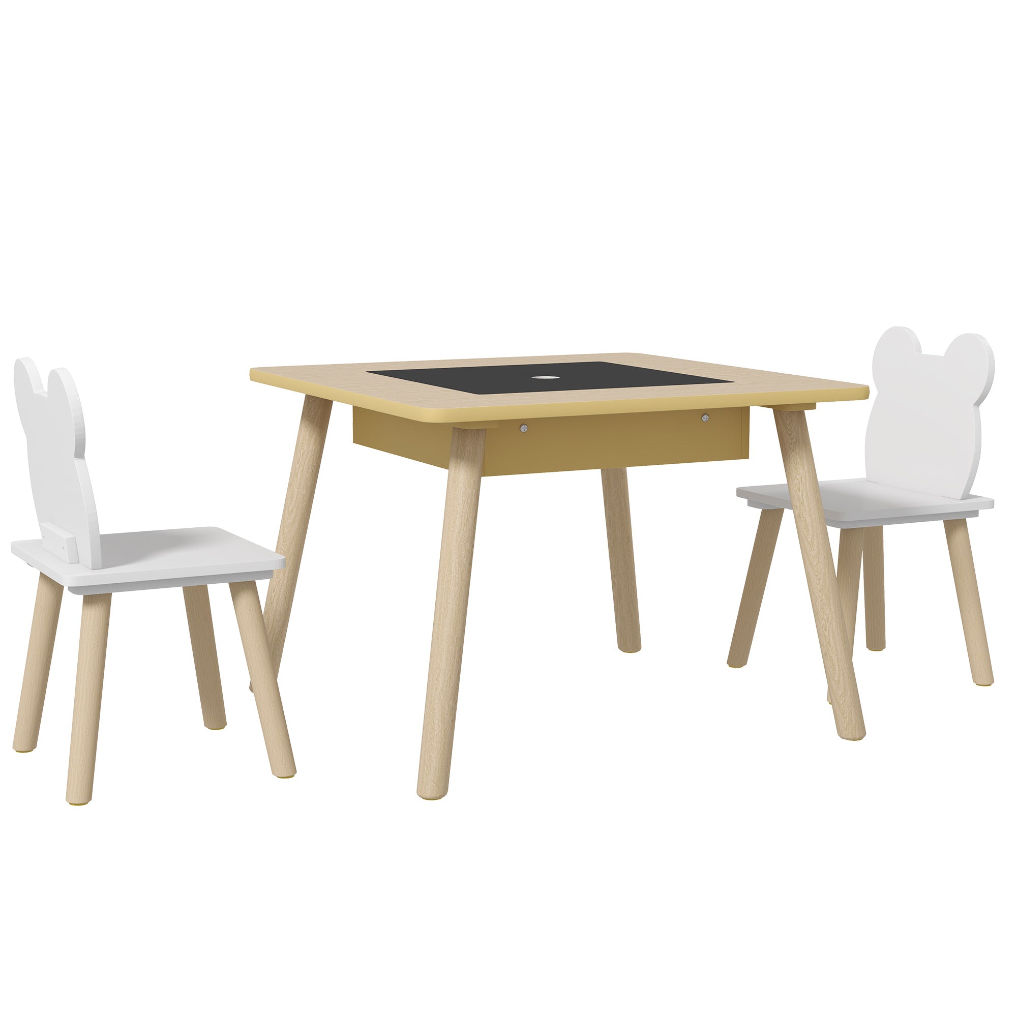 Kids' Table with 2 Chairs — Children's Seating Set with Storage, Flip & Removable Tabletop, Bear-Back Chairs, Natural Wood (Ages 3–6)