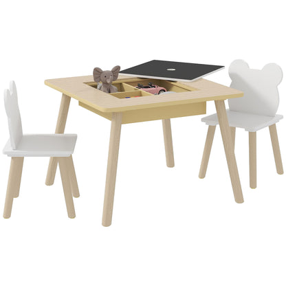 Kids' Table with 2 Chairs — Children's Seating Set with Storage, Flip & Removable Tabletop, Bear-Back Chairs, Natural Wood (Ages 3–6)