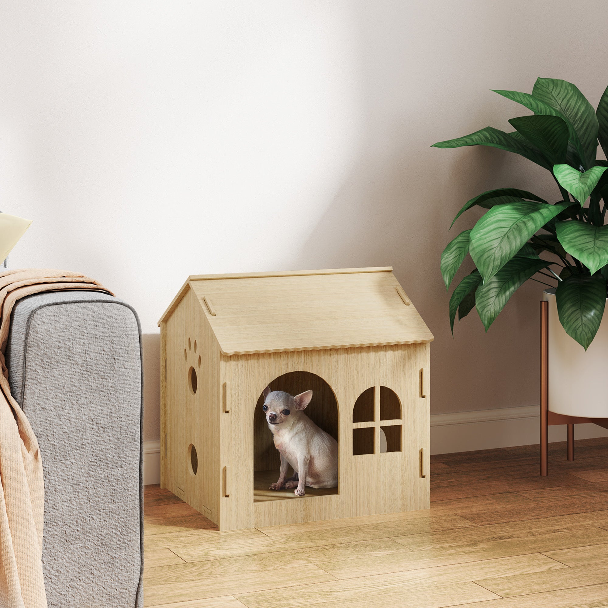 Pet House Indoor Pet House for Dogs with Window Hollow Claw Design for Dogs and Cats 49.5x41x51 cm Oak