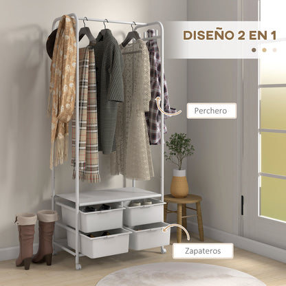 Modern Coat Rack with Shoe Rack, 8 Hooks, 4 Baskets for Shoes, Entryway Coat Rack with Wheels and Steel Frame for Living Room Bedroom Hallway 63x37x153 cm White