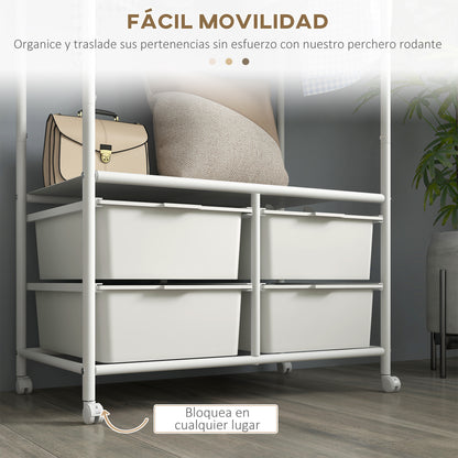 Modern Coat Rack with Shoe Rack, 8 Hooks, 4 Baskets for Shoes, Entryway Coat Rack with Wheels and Steel Frame for Living Room Bedroom Hallway 63x37x153 cm White