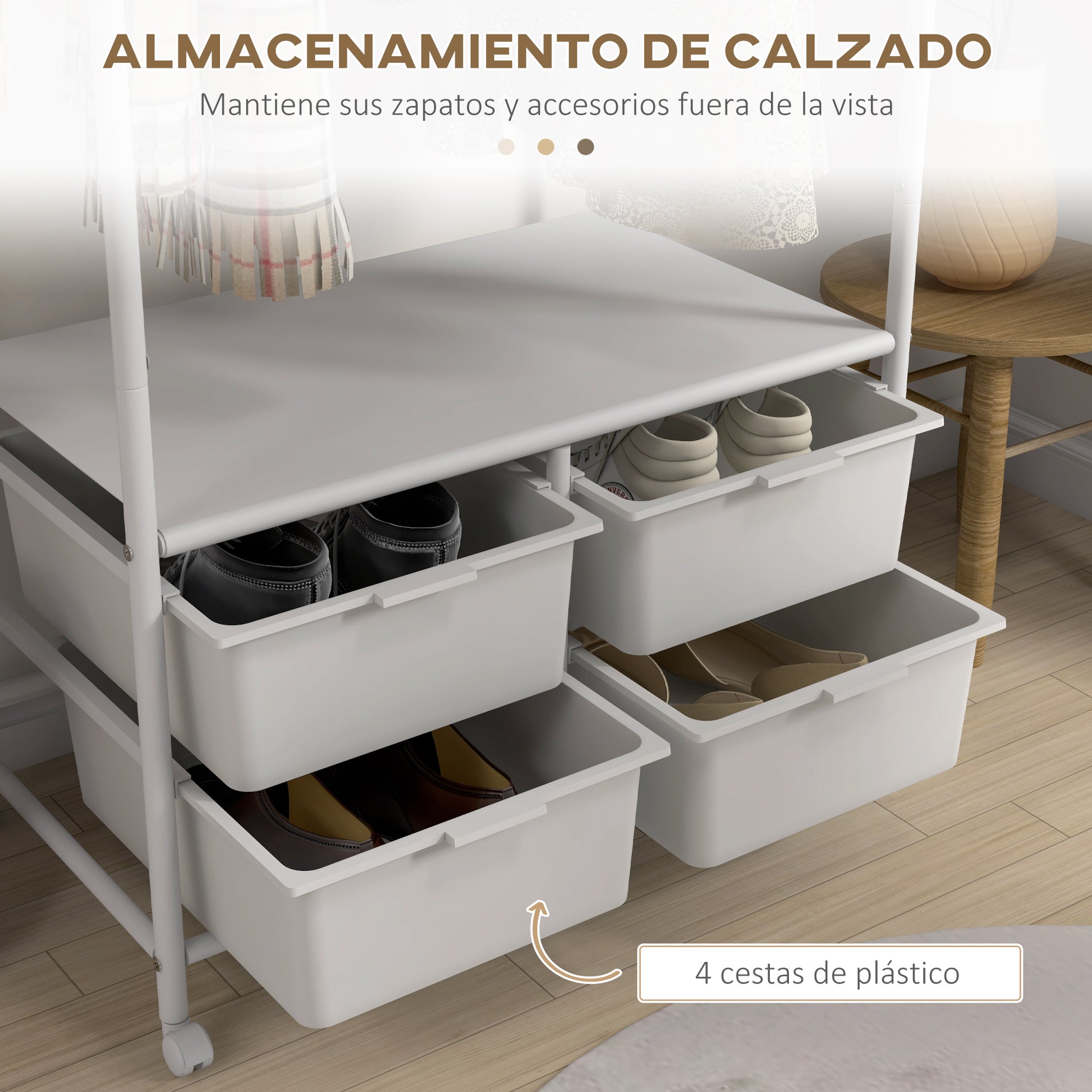 Modern Coat Rack with Shoe Rack, 8 Hooks, 4 Baskets for Shoes, Entryway Coat Rack with Wheels and Steel Frame for Living Room Bedroom Hallway 63x37x153 cm White