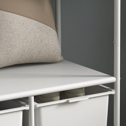 Modern Coat Rack with Shoe Rack, 8 Hooks, 4 Baskets for Shoes, Entryway Coat Rack with Wheels and Steel Frame for Living Room Bedroom Hallway 63x37x153 cm White