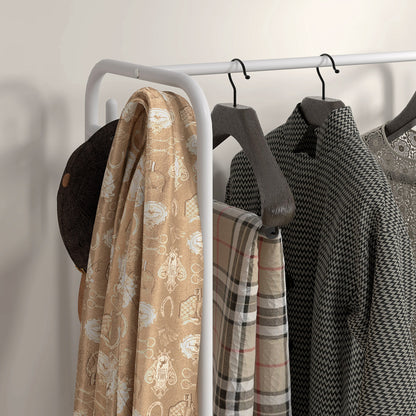 Modern Coat Rack with Shoe Rack, 8 Hooks, 4 Baskets for Shoes, Entryway Coat Rack with Wheels and Steel Frame for Living Room Bedroom Hallway 63x37x153 cm White