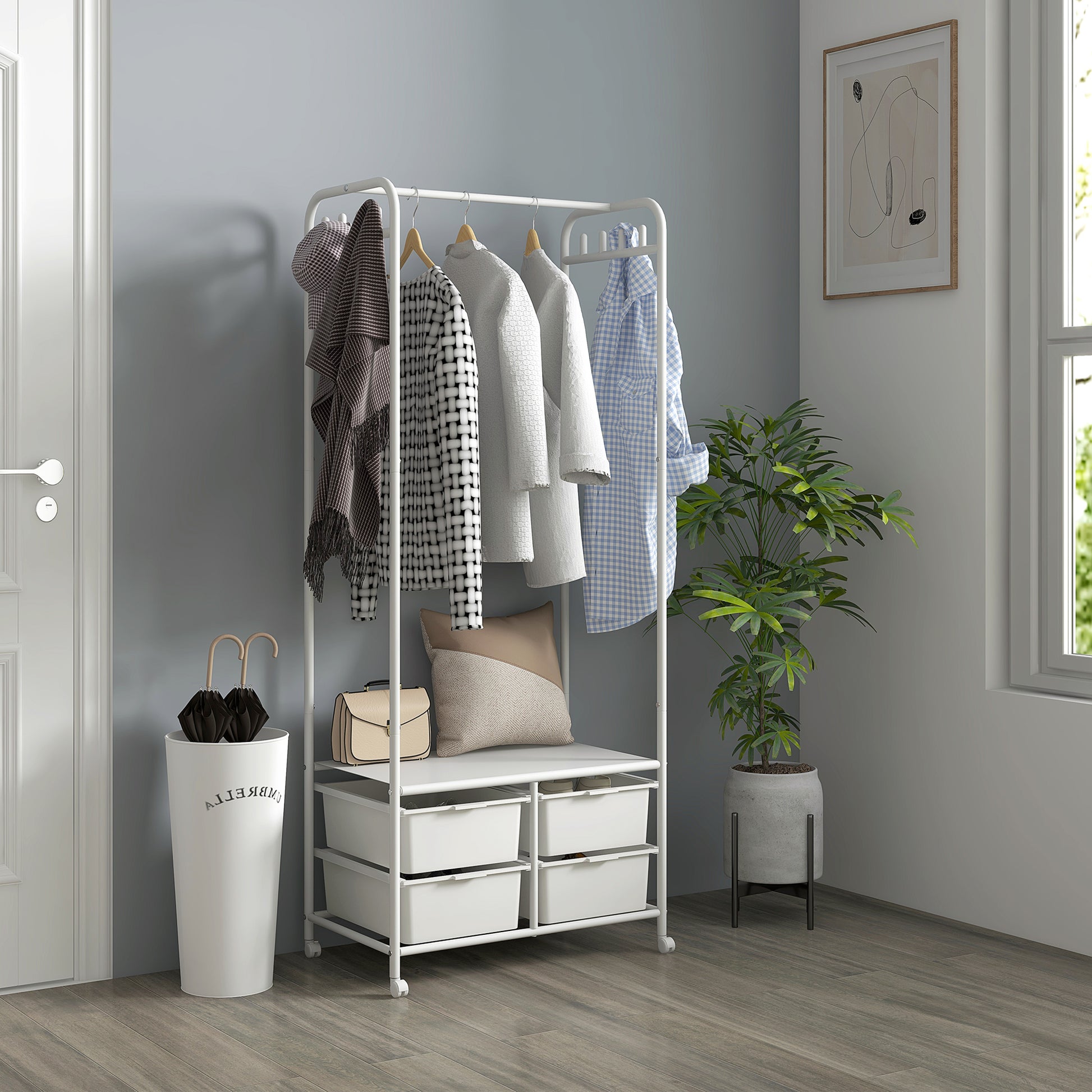 Modern Coat Rack with Shoe Rack, 8 Hooks, 4 Baskets for Shoes, Entryway Coat Rack with Wheels and Steel Frame for Living Room Bedroom Hallway 63x37x153 cm White