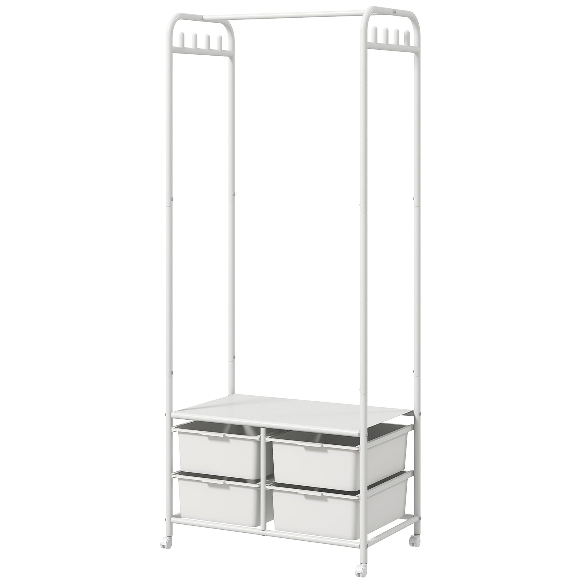Modern Coat Rack with Shoe Rack, 8 Hooks, 4 Baskets for Shoes, Entryway Coat Rack with Wheels and Steel Frame for Living Room Bedroom Hallway 63x37x153 cm White