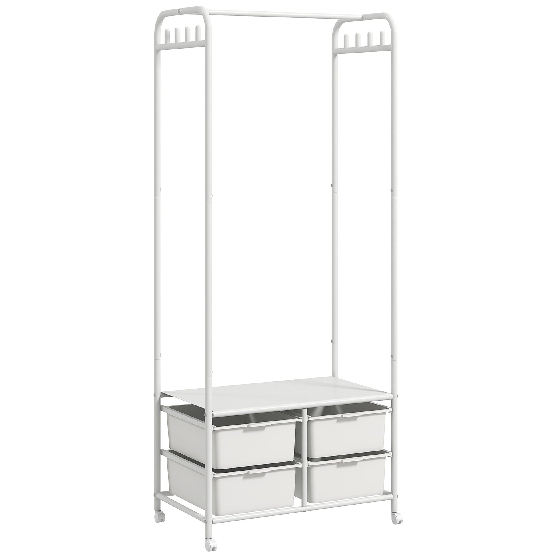 Modern Coat Rack with Shoe Rack, 8 Hooks, 4 Baskets for Shoes, Entryway Coat Rack with Wheels and Steel Frame for Living Room Bedroom Hallway 63x37x153 cm White