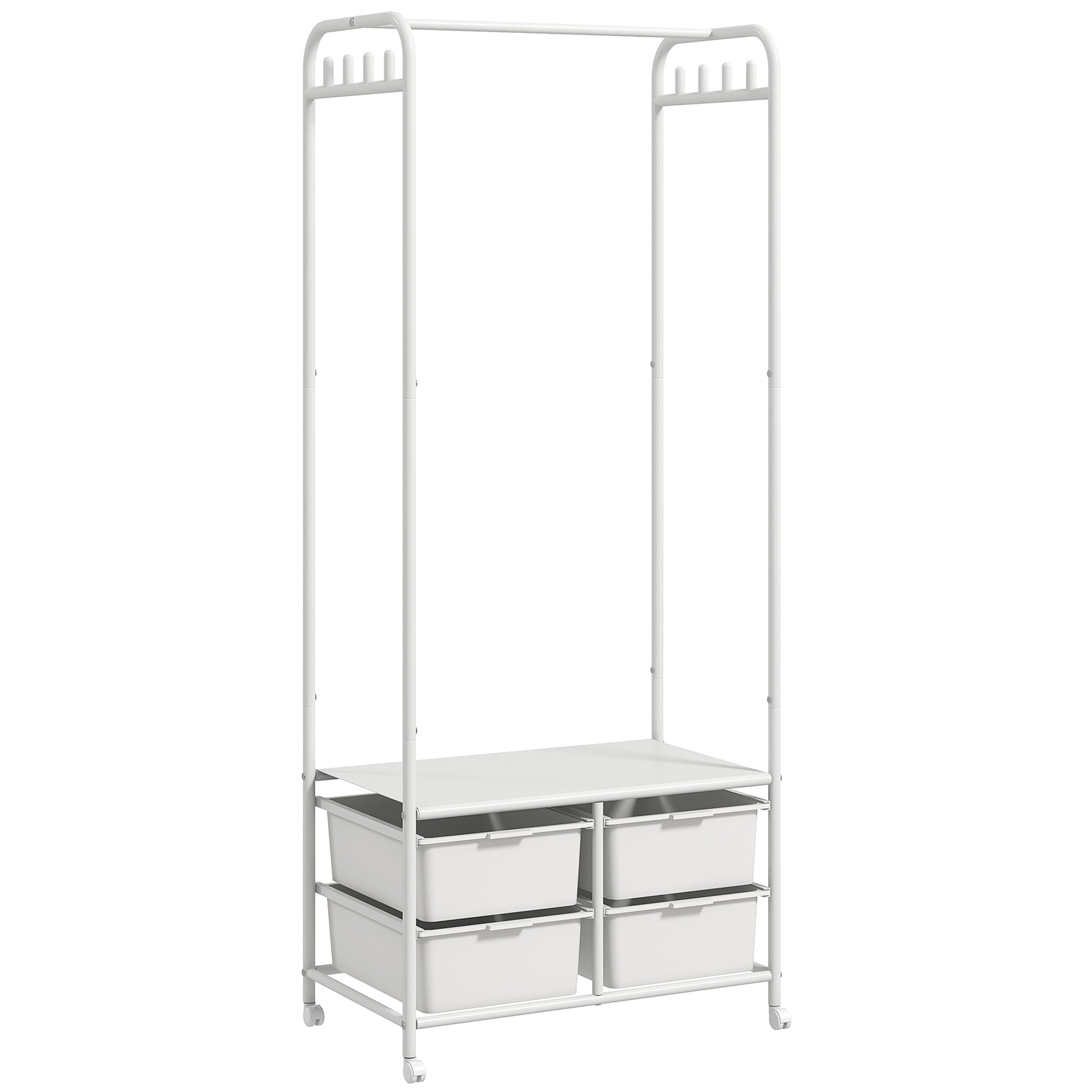 Modern Coat Rack with Shoe Rack, 8 Hooks, 4 Baskets for Shoes, Entryway Coat Rack with Wheels and Steel Frame for Living Room Bedroom Hallway 63x37x153 cm White