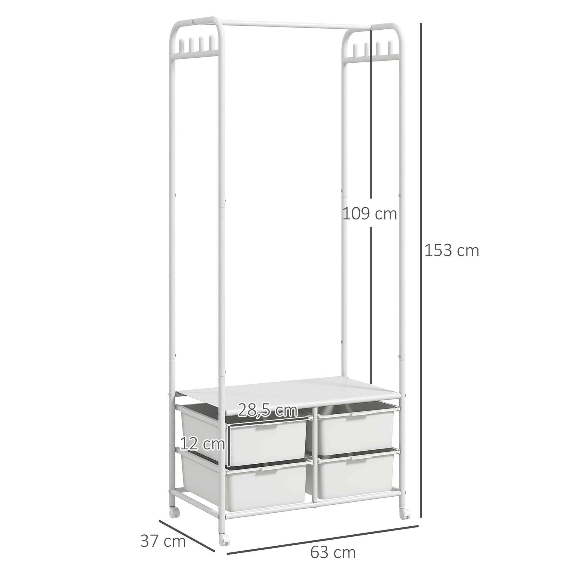 Modern Coat Rack with Shoe Rack, 8 Hooks, 4 Baskets for Shoes, Entryway Coat Rack with Wheels and Steel Frame for Living Room Bedroom Hallway 63x37x153 cm White