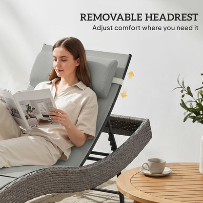 S-Shape Poly Rattan Sun Lounger — 5-Position Adjustable Recliner with Headrest, Breathable UV-Resistant Mesh, Weatherproof Outdoor Rattan Chaise — Light Gray