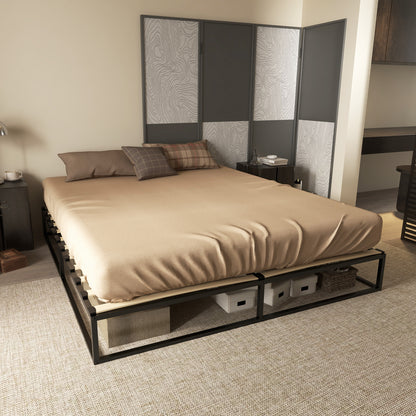Steel Bed Frame 25 cm Height Bed Structure for 180x200 cm Mattress Wooden Slatted Bed Base for 1-2 People Modern Style Black