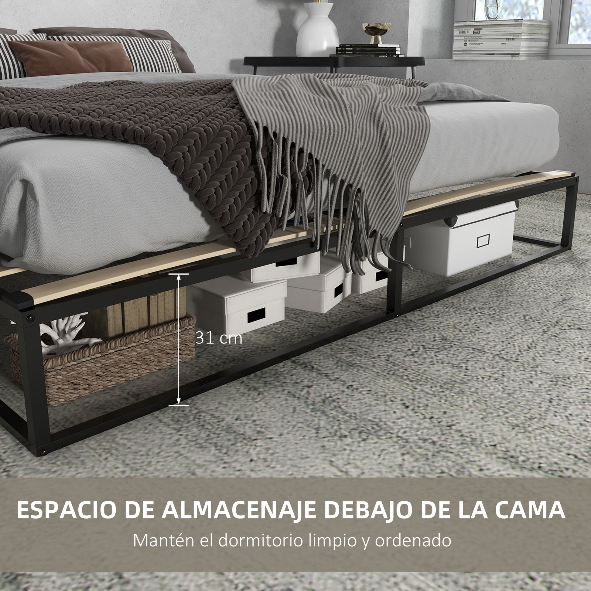 Steel Bed Frame 25 cm Height Bed Structure for 180x200 cm Mattress Wooden Slatted Bed Base for 1-2 People Modern Style Black