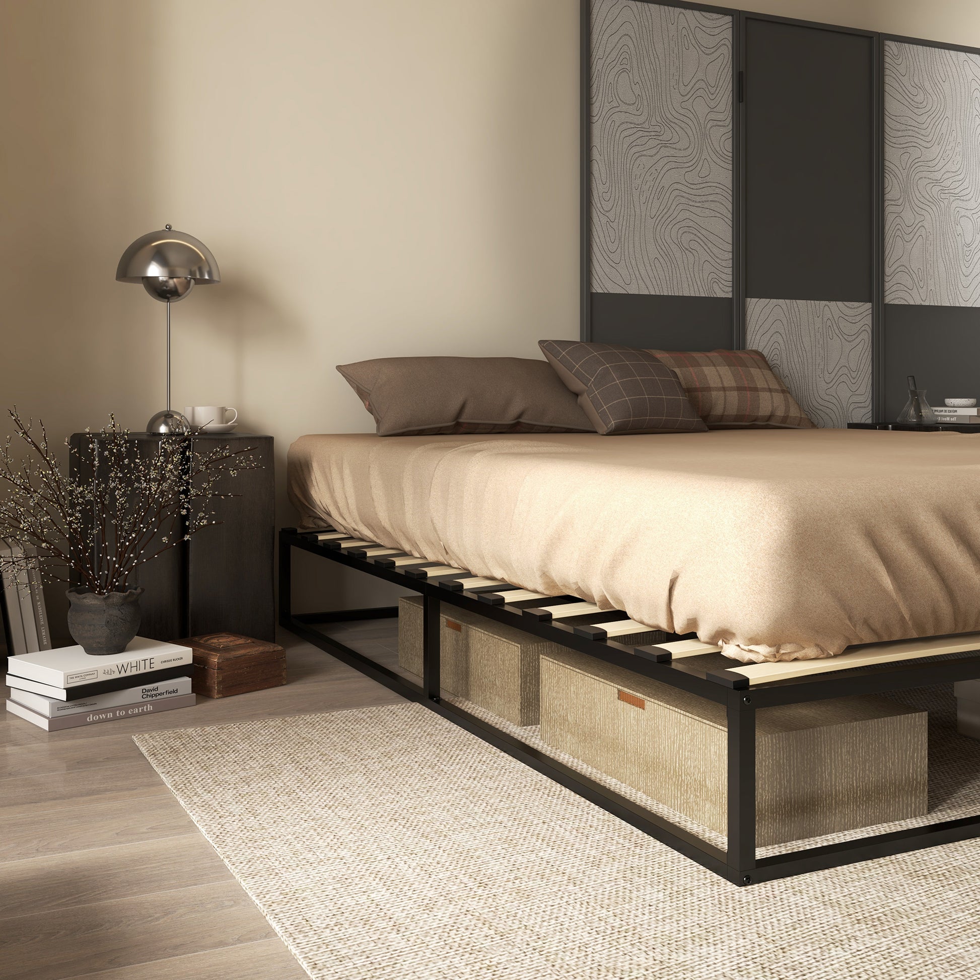 Steel Bed Frame 25 cm Height Bed Structure for 180x200 cm Mattress Wooden Slatted Bed Base for 1-2 People Modern Style Black