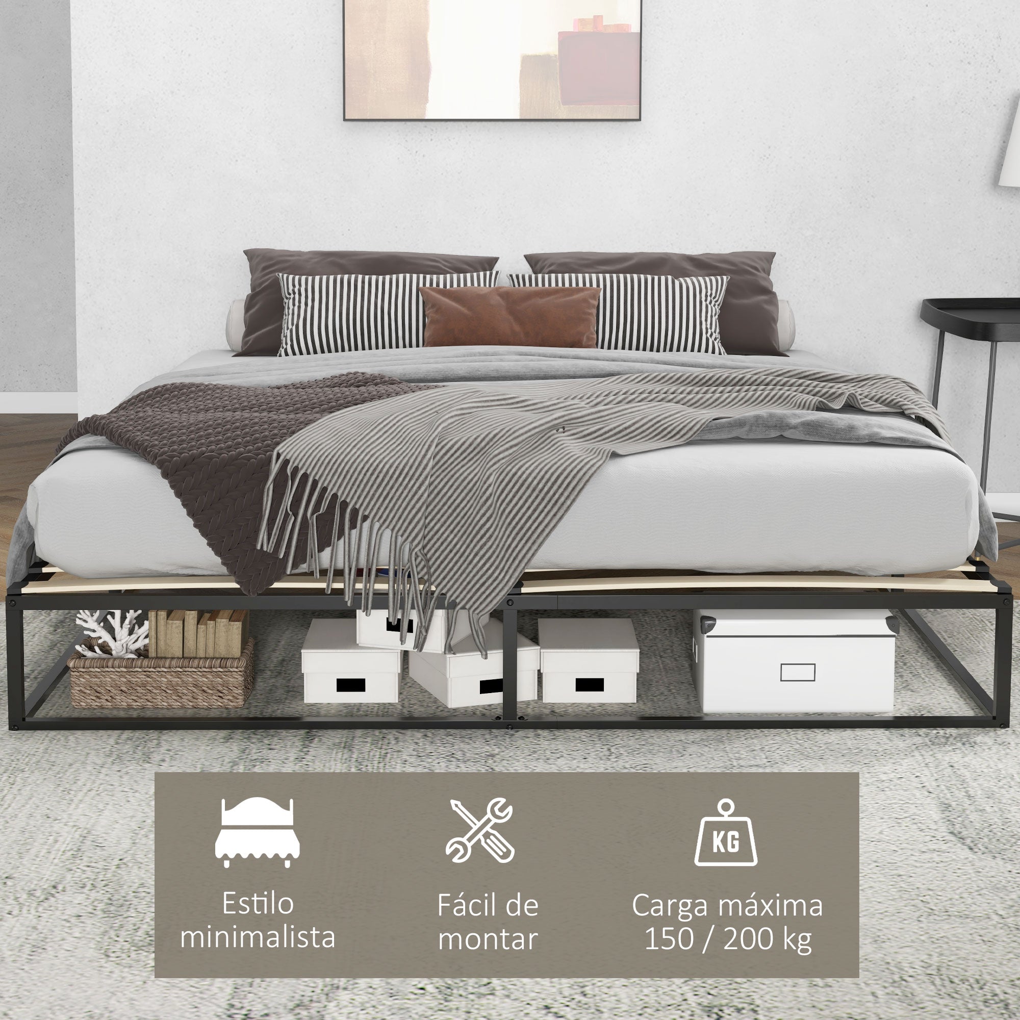 Steel Bed Frame 25 cm Height Bed Structure for 180x200 cm Mattress Wooden Slatted Bed Base for 1-2 People Modern Style Black
