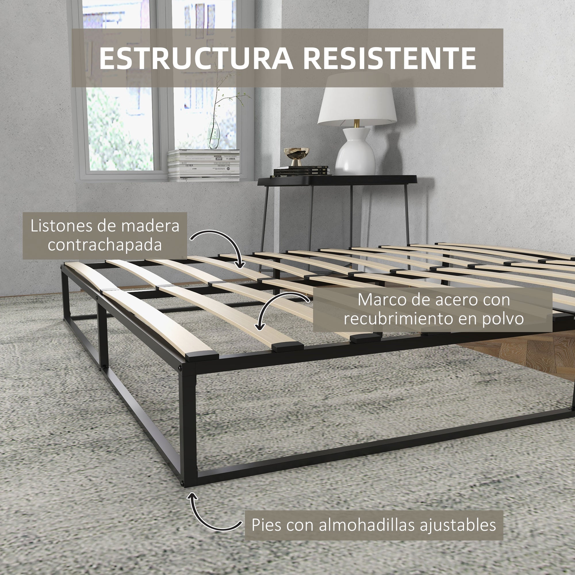 Steel Bed Frame 25 cm Height Bed Structure for 180x200 cm Mattress Wooden Slatted Bed Base for 1-2 People Modern Style Black