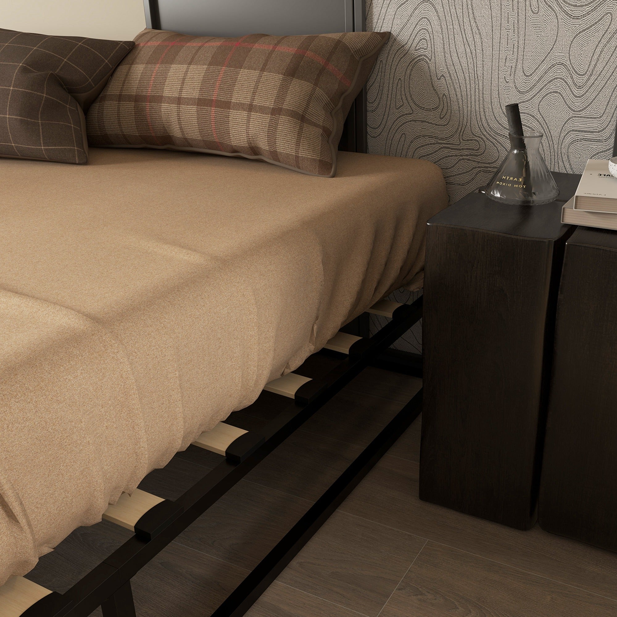 Steel Bed Frame 25 cm Height Bed Structure for 180x200 cm Mattress Wooden Slatted Bed Base for 1-2 People Modern Style Black