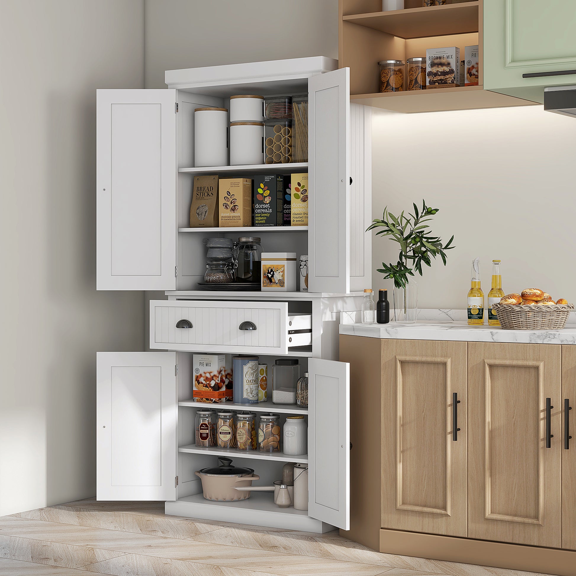 Kitchen Cabinet Buffet Modern Style Cupboard with Doors, Adjustable Shelves, and Drawer, Storage Unit for Dining Room, Living Room, 76.2 x 40.2 x 183 cm, White
