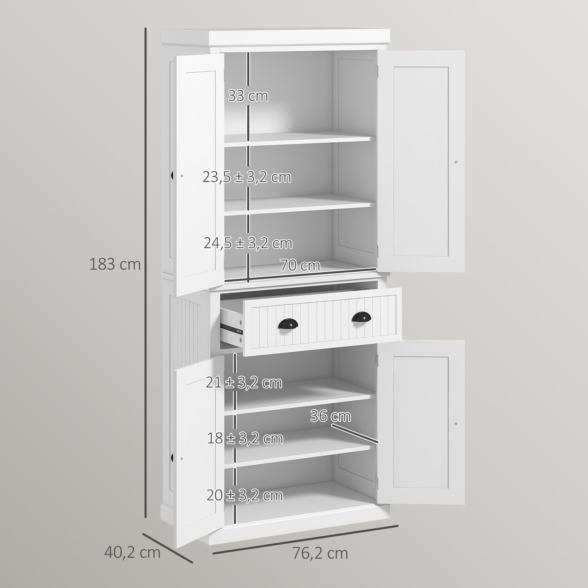 Kitchen Cabinet Buffet Modern Style Cupboard with Doors, Adjustable Shelves, and Drawer, Storage Unit for Dining Room, Living Room, 76.2 x 40.2 x 183 cm, White