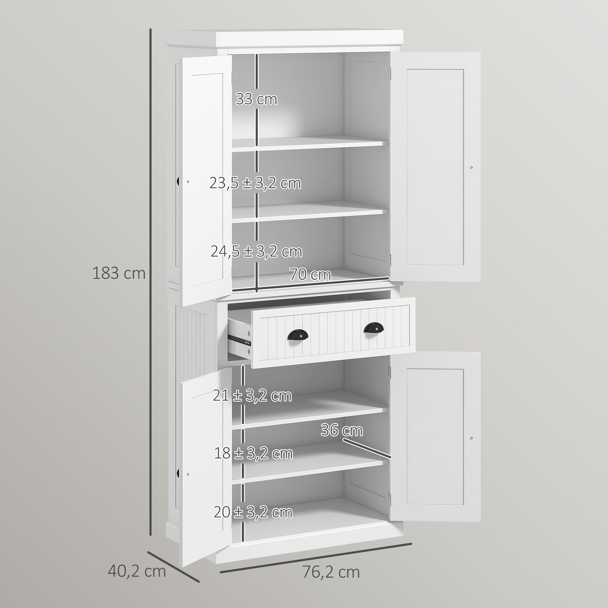 Kitchen Cabinet Buffet Modern Style Cupboard with Doors, Adjustable Shelves, and Drawer, Storage Unit for Dining Room, Living Room, 76.2 x 40.2 x 183 cm, White