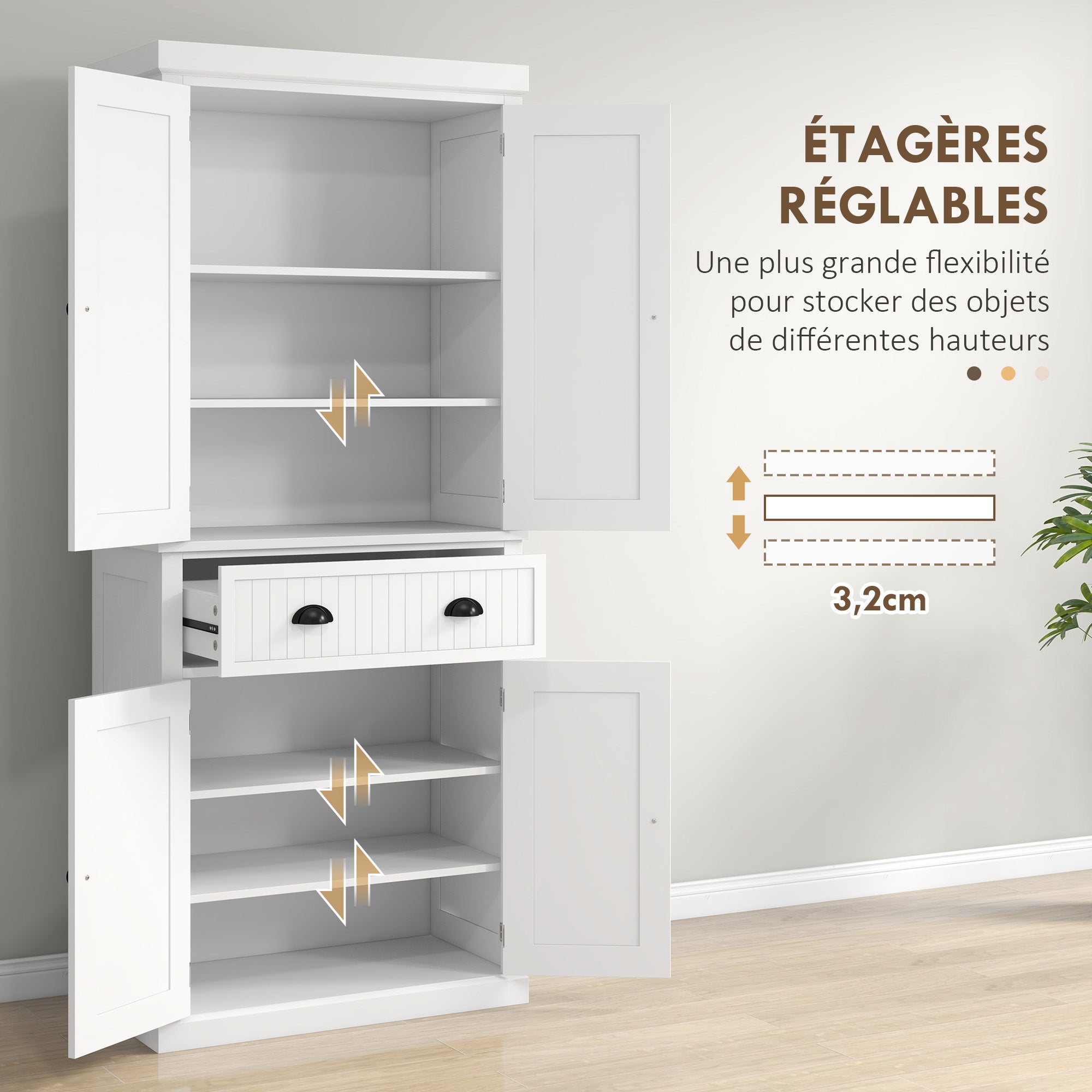 Kitchen Cabinet Buffet Modern Style Cupboard with Doors, Adjustable Shelves, and Drawer, Storage Unit for Dining Room, Living Room, 76.2 x 40.2 x 183 cm, White